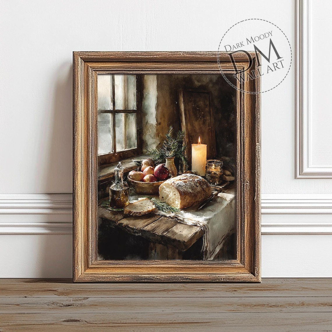 Rustic Christmas Kitchen Still Life Bread Candle Apples Moody Art Poster