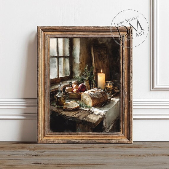 Rustic Christmas Kitchen Still Life Bread Candle Apples Moody Art Poster