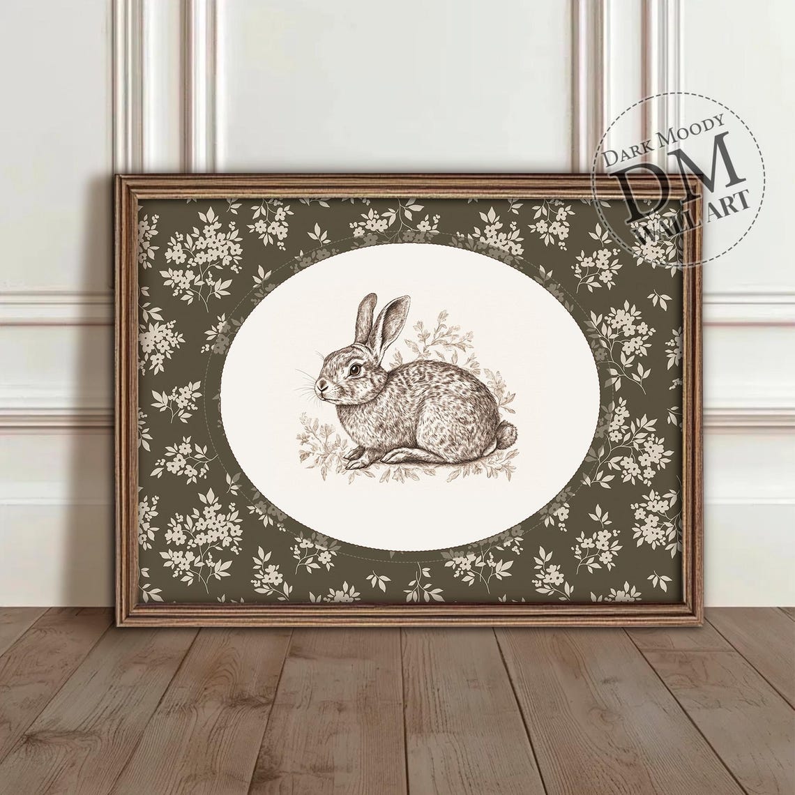 Rabbit Wall Art Vintage Animal Illustration With Floral Border