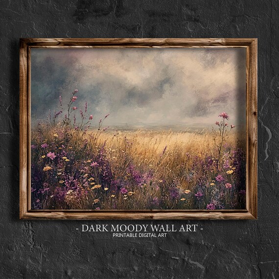 Purple Wildflower Field Under Stormy Sky Moody Meadow Landscape Poster