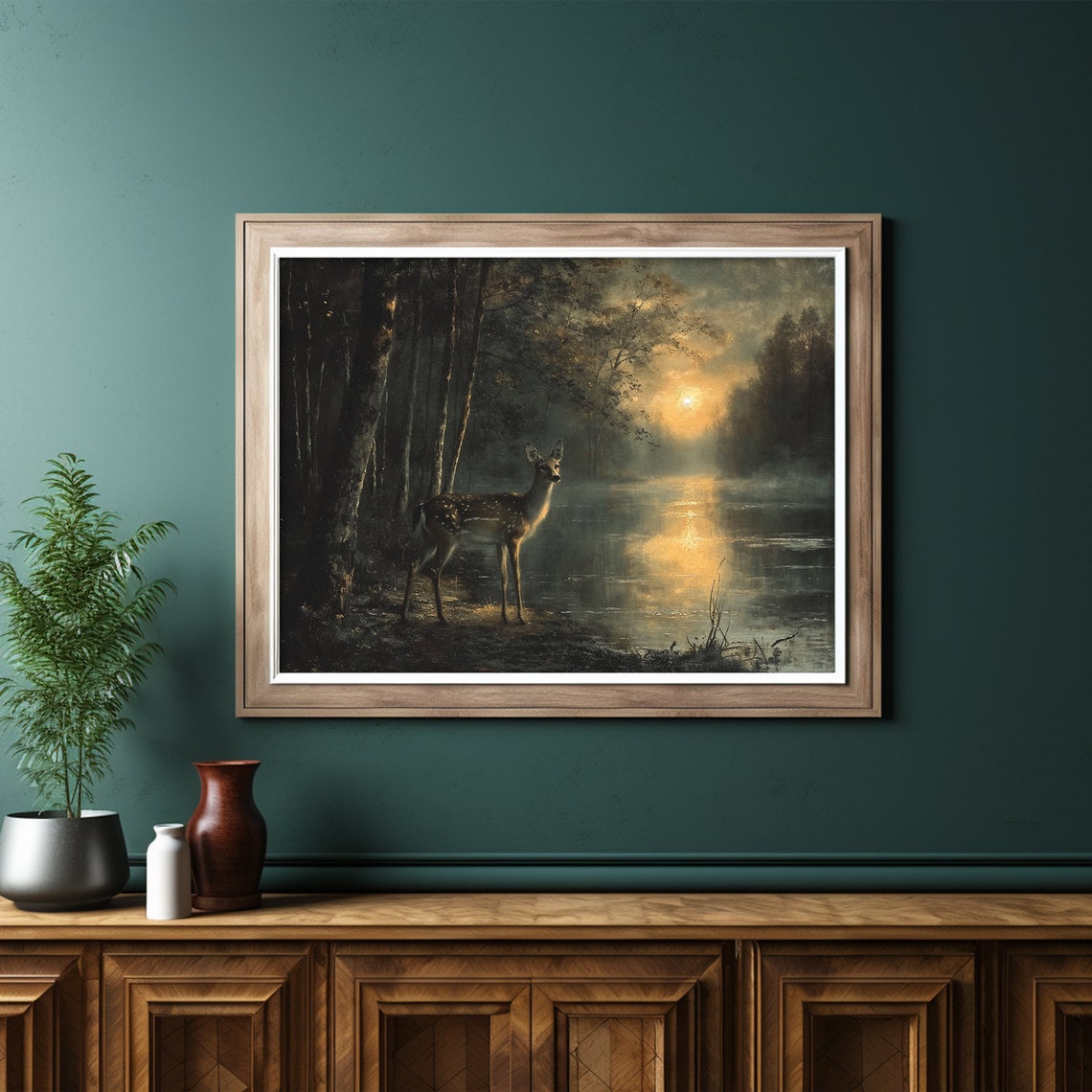 Deer By The Lake Sunset Reflection Dark Moody Forest Painting Poster - Image 2