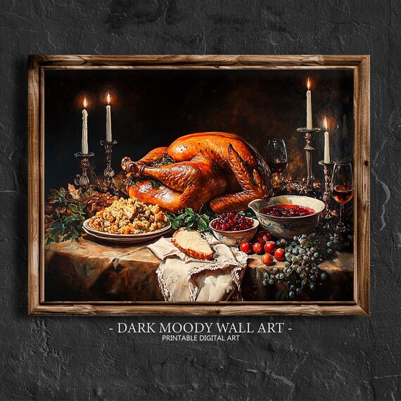 Candlelit Roast Turkey Wine Glasses Thanksgiving Feast Night Art Poster
