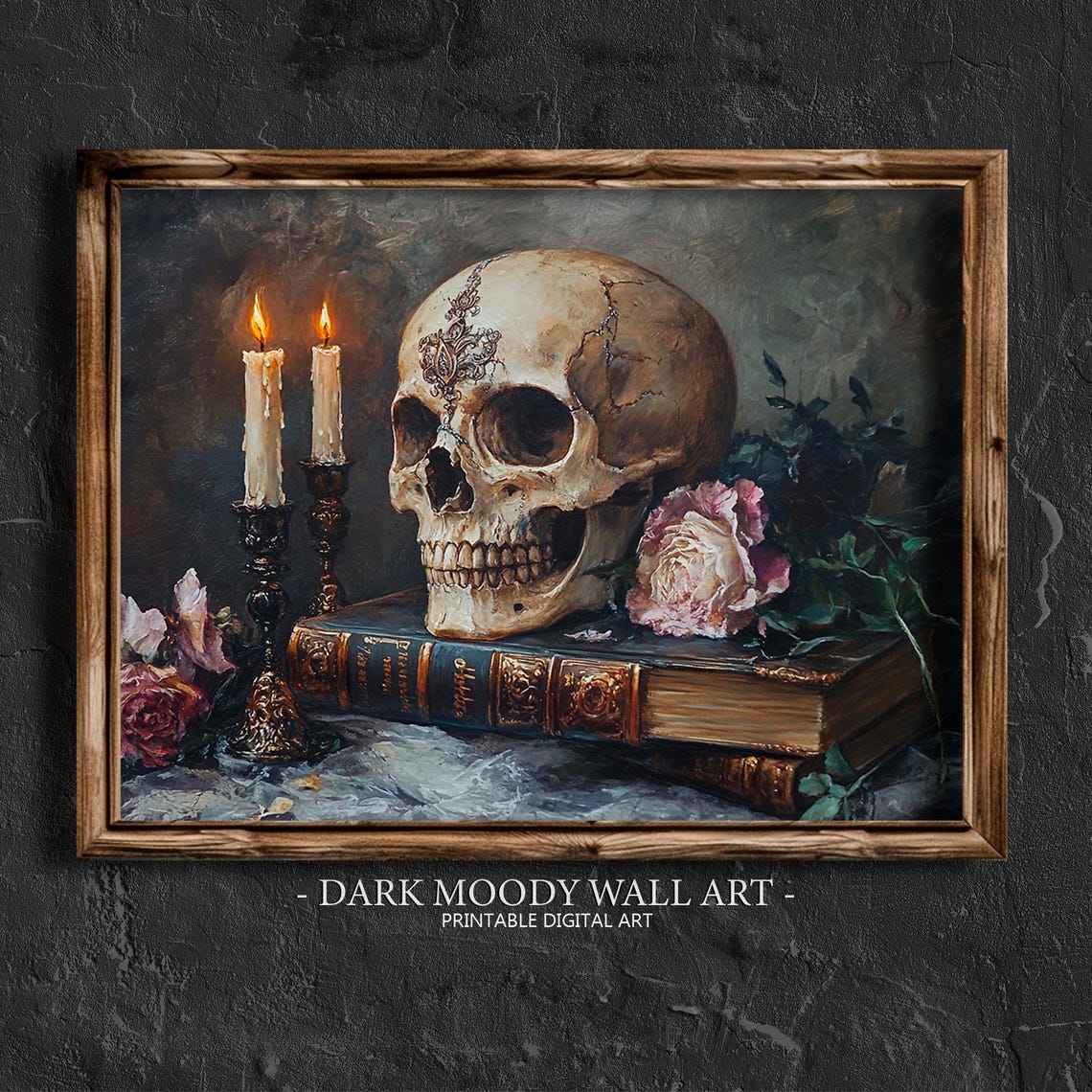 Gothic Skull With Burning Candles and Roses Dark Moody Wall Art