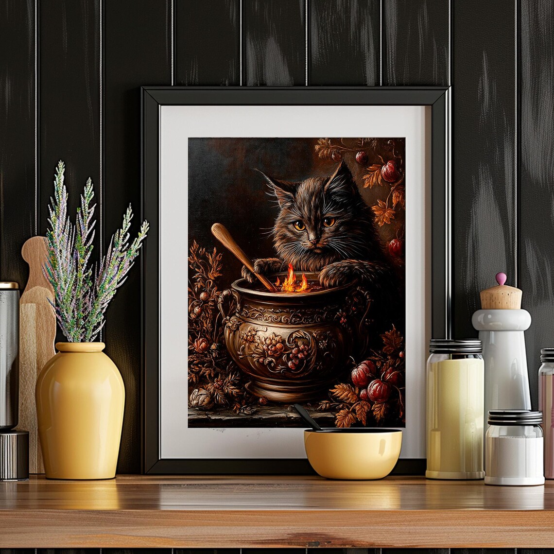 Fluffy Black Cat Stirring Witch Cauldron Autumn Botanicals Halloween Poster - Image 6
