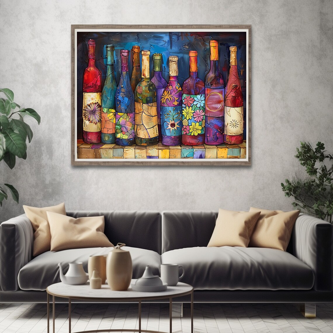 Colorful Painted Wine Bottles With Floral Patterns Vibrant Bar Art Poster - Image 2