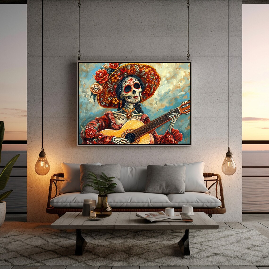 Catrina Skeleton Woman Guitar Red Dress Sombrero Folk Art Poster - Image 5