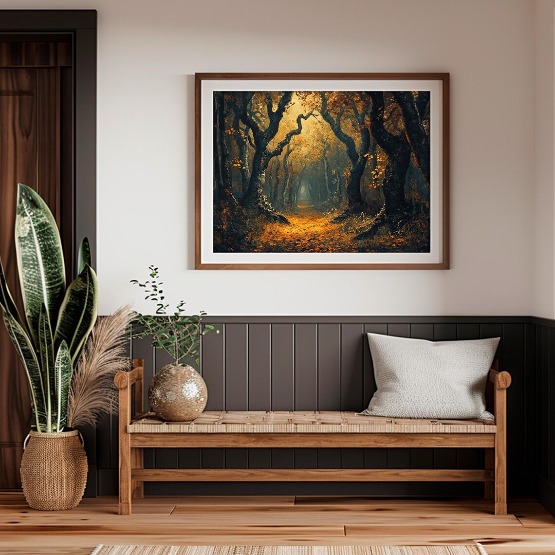 Dark Moody Forest Path With Twisted Trees Golden Light Vintage Art Poster - Image 2