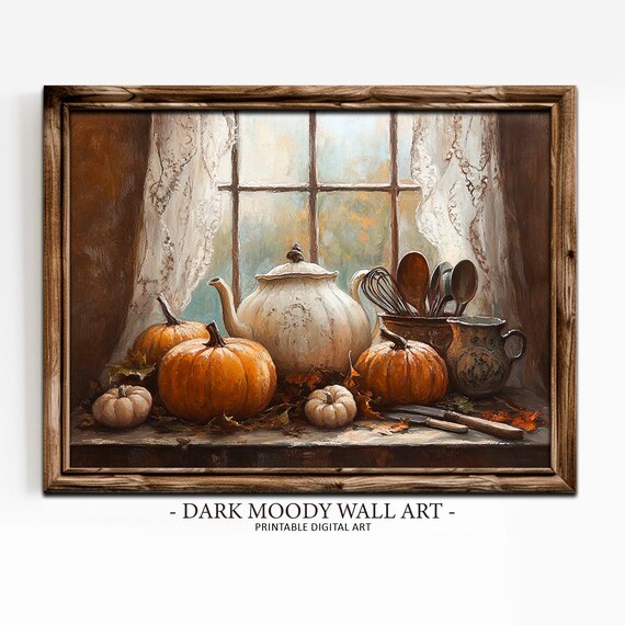 Pumpkins And Teapot Kitchen Window Autumn Still Life Wall Art