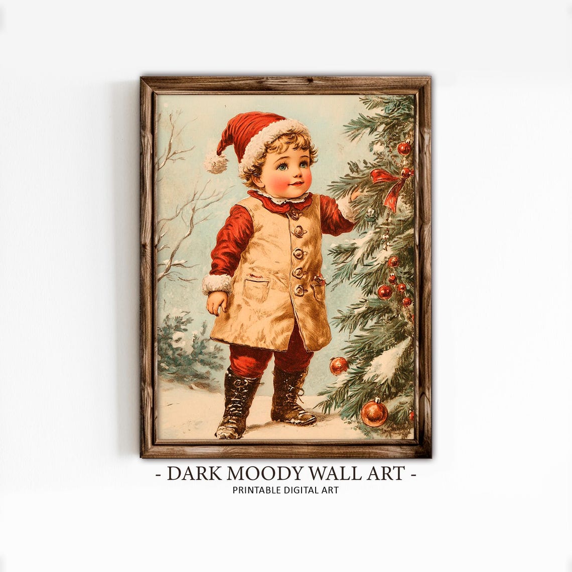 Retro Boy in Santa Hat Beside Decorated Christmas Tree Wall Art