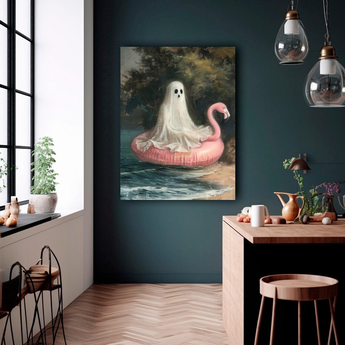 Ghost On Flamingo Swim Ring Funny Bathroom Poster - Image 4