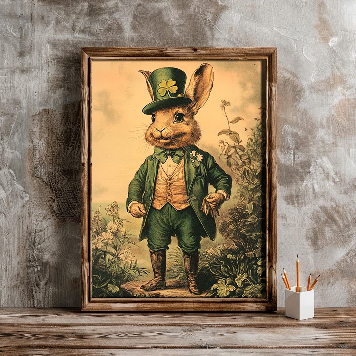 Dapper Rabbit In Green Suit Top Hat Shamrock St Patricks Day Wall Art - Image 2