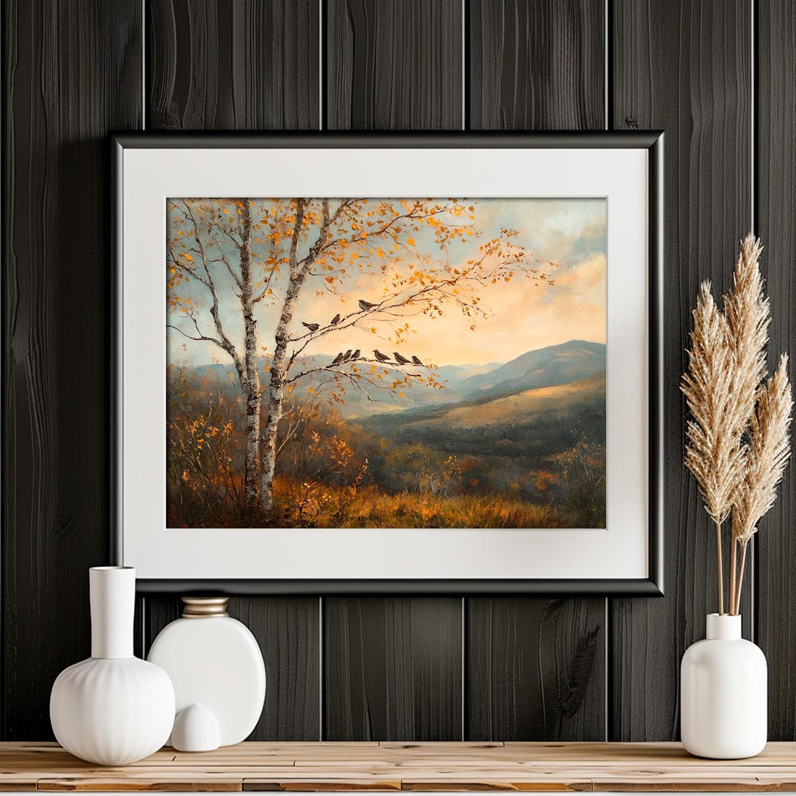 Sparrow Birds On Tree Fall Prints Moody Autumn Mountain Landscape Painting Vintage Moody Fall Wall Art - Image 2