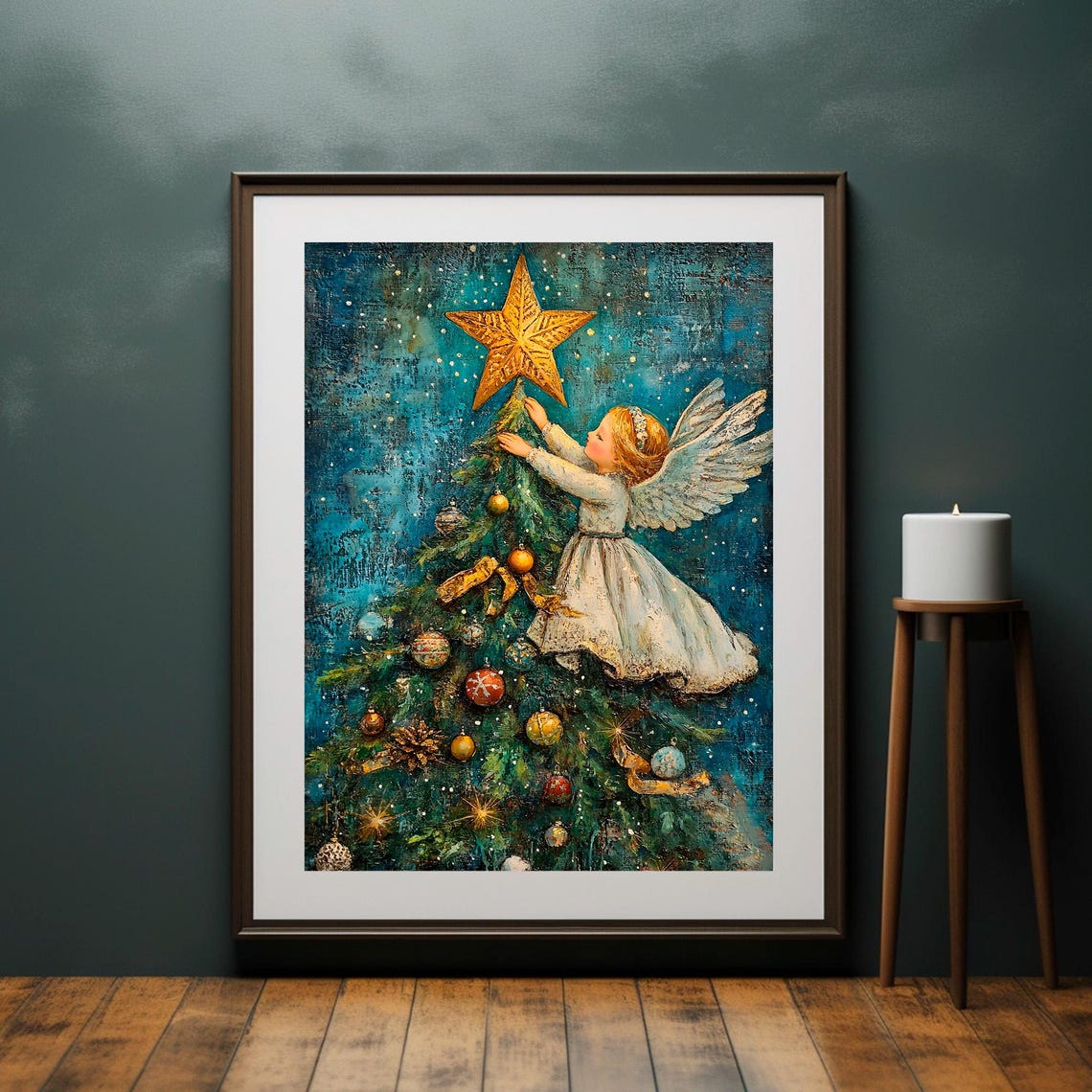 Little Angel Placing Star on Christmas Tree Vintage Holiday Art Poster - Image 2
