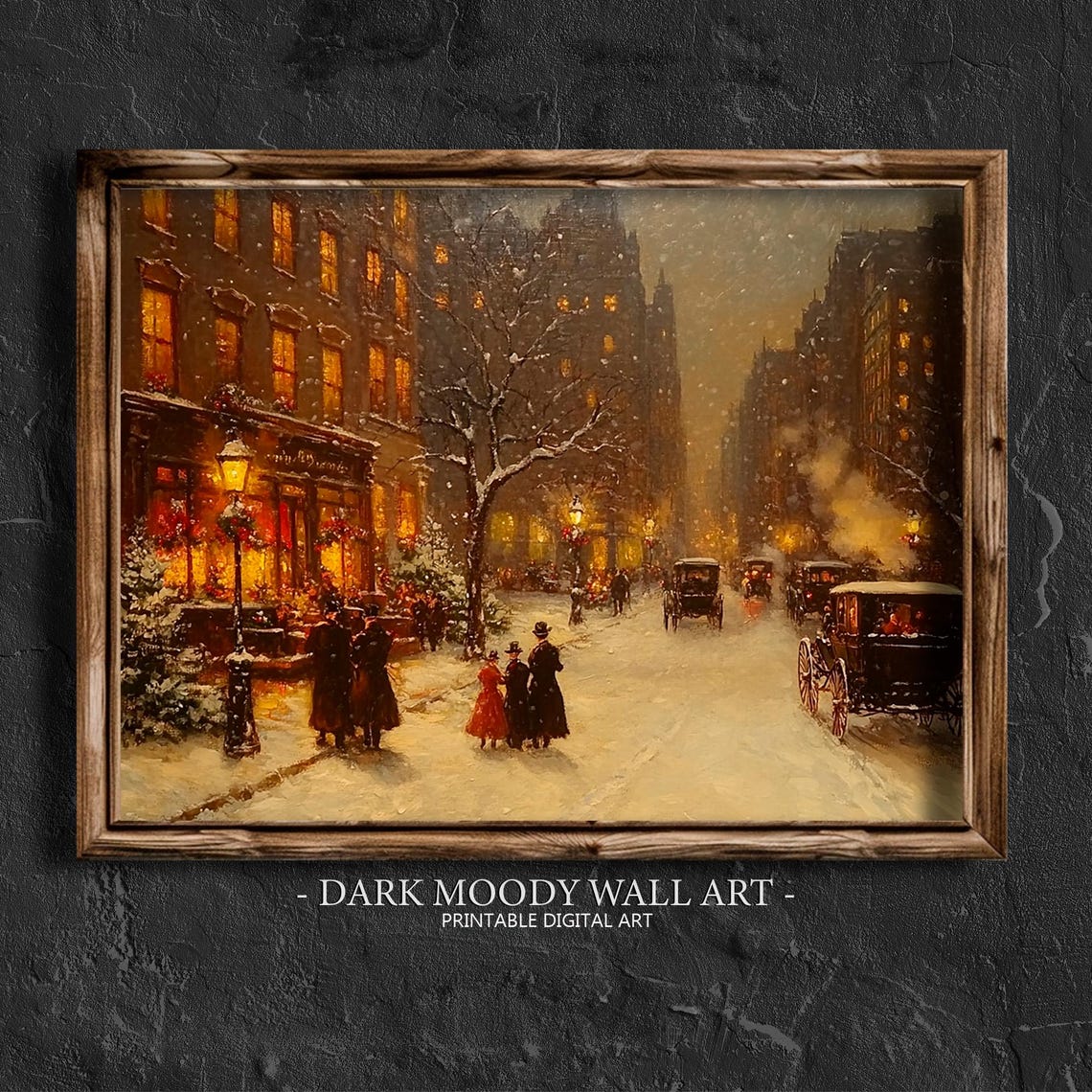 Victorian Snowy Street Carriages Pedestrians Winter Eve Poster
