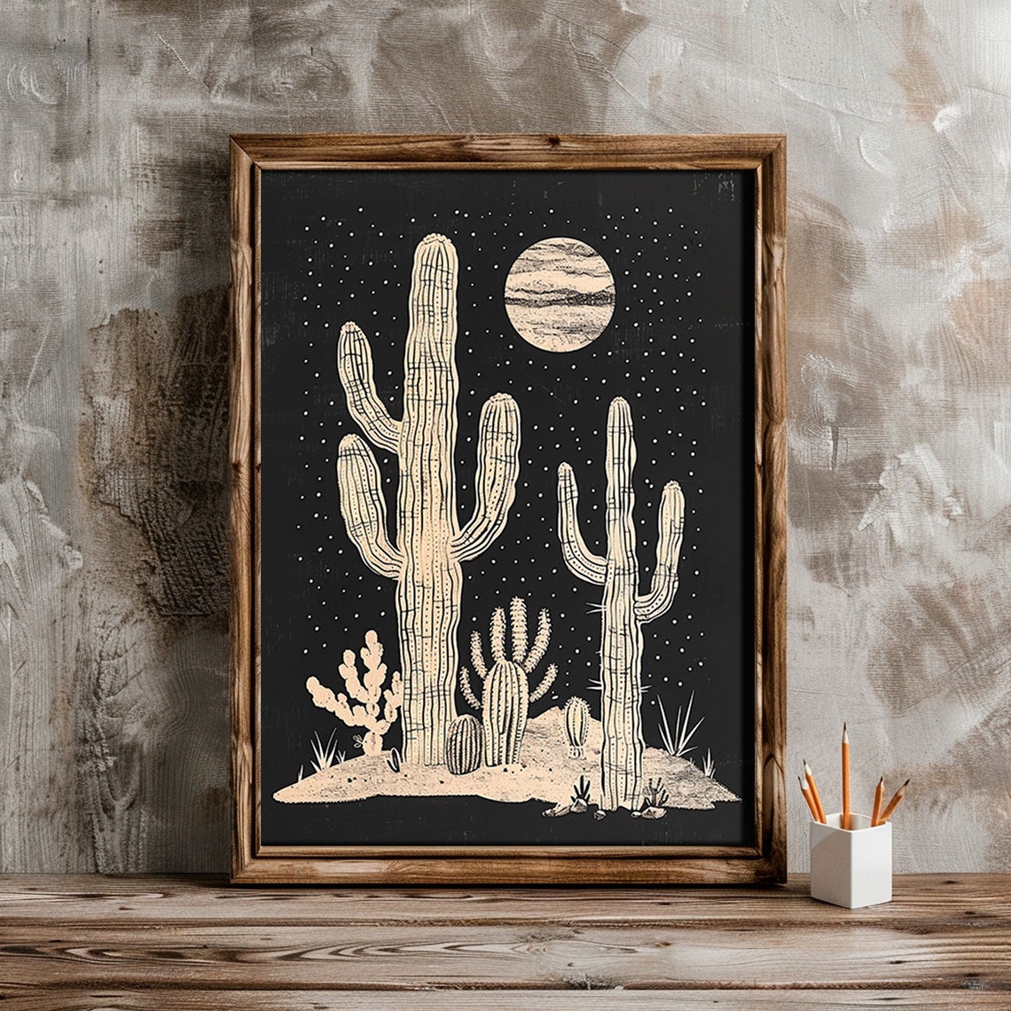 Saguaro Cactus Moon Night Line Art Black Background Desert Wall Art - Image 4