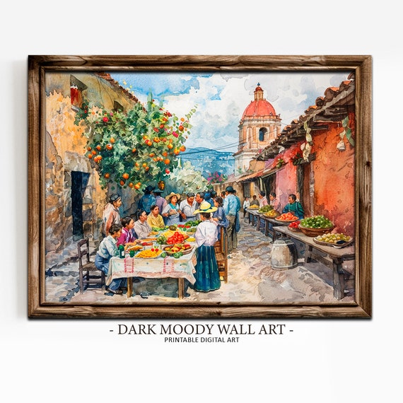 Mexican Village Wall Art Rustic Market And Street Life Print