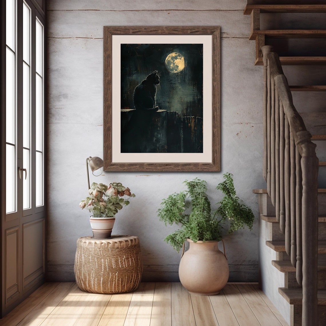 Black Cat Full Moon Night Fence Silhouette Moody Painting Poster - Image 4