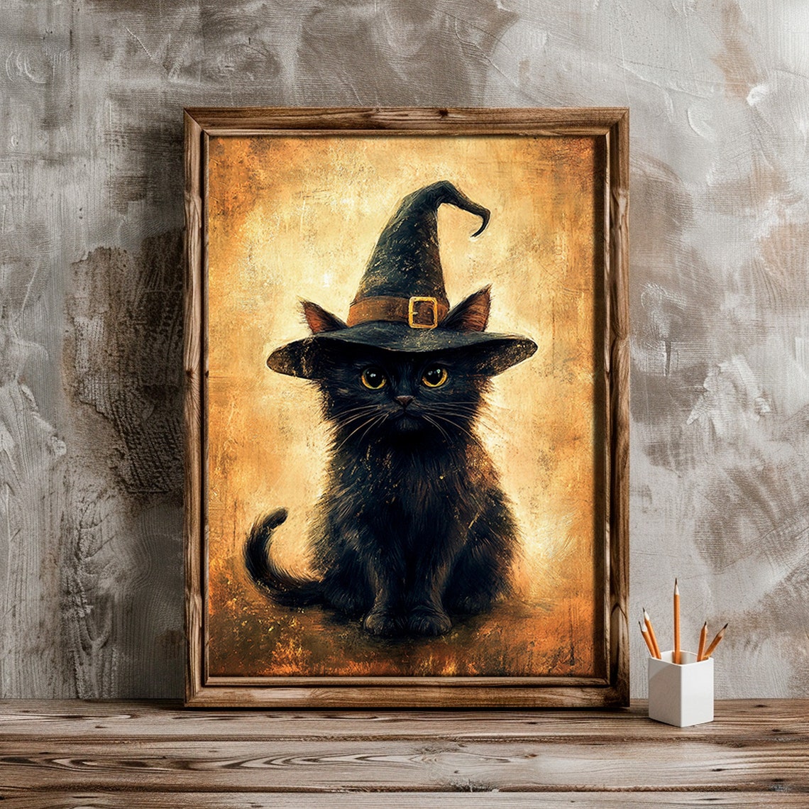 Black Cat Wearing Witch Hat Golden Vintage Painting Art Print - Image 2