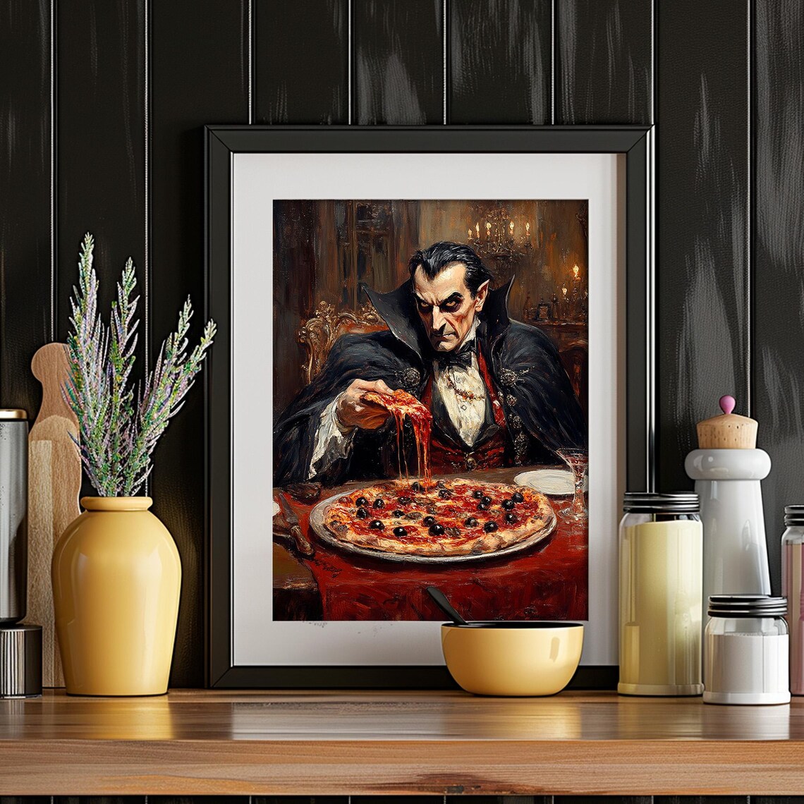 Dracula Vampire Eating Pizza Vintage Halloween Art Print - Image 4