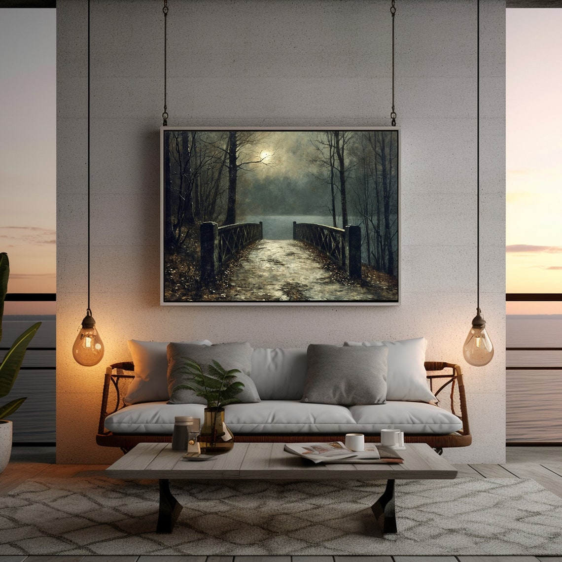 Moody Park Alley Print Dark Forest Print Lake Painting Moonlight Landscape Prints Rustic Wall Decor - Image 3