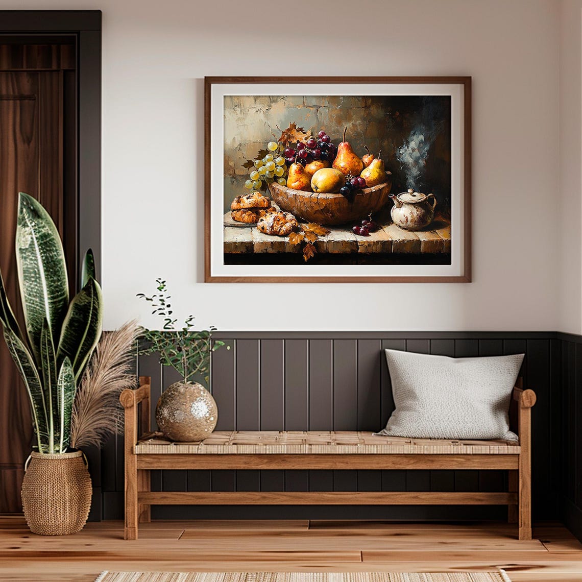 Pears Grapes Pastries Rustic Table Autumn Still Life Wall Art - Image 2
