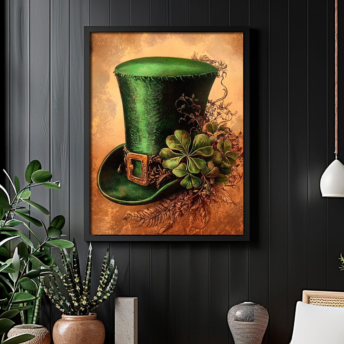 St Patricks Hat Print Vintage St Patricks Day Decor Rustic Irish Wall Art Shamrock Painting - Image 2