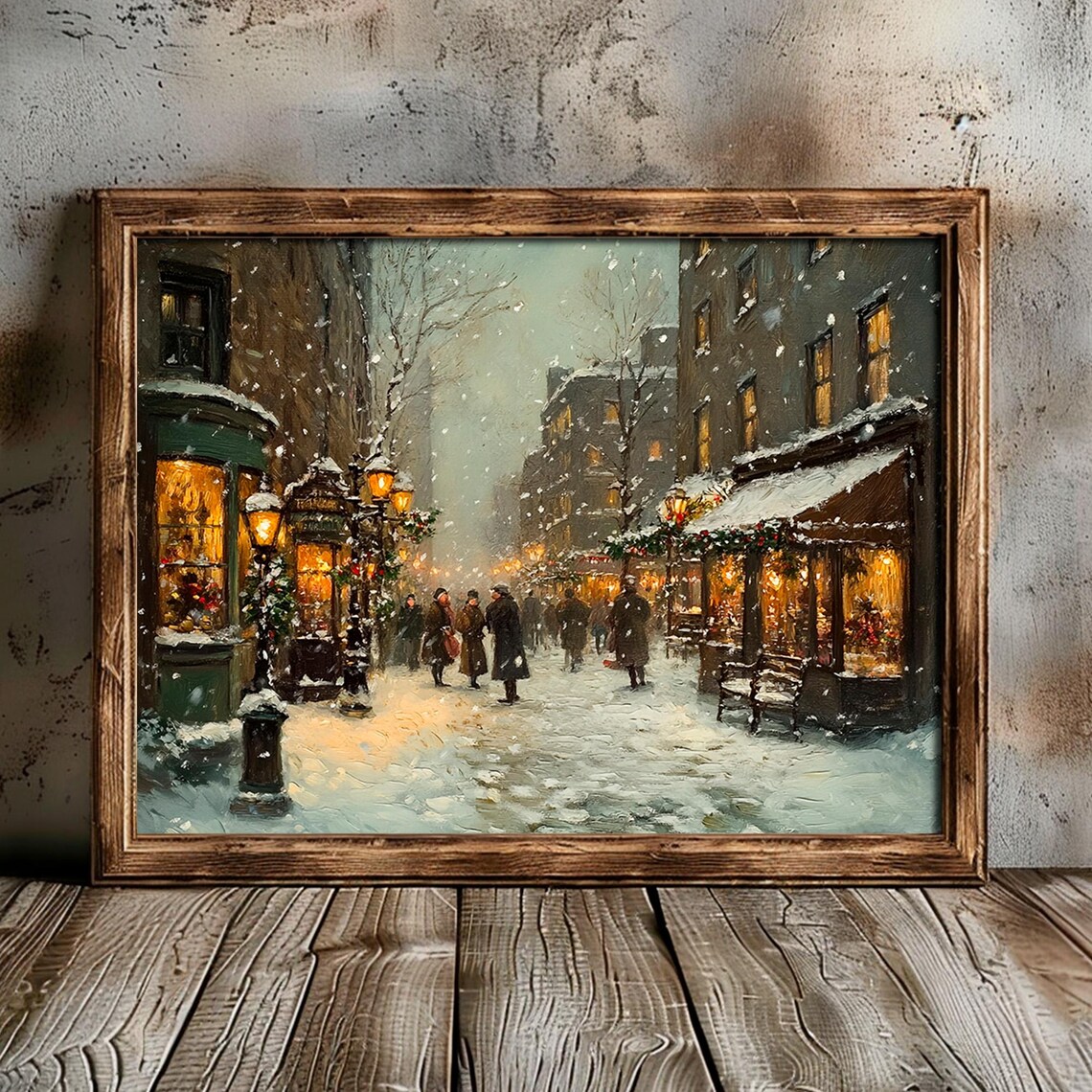 Snowy Vintage City Street Shops Night Lights Winter Painting Poster - Image 5