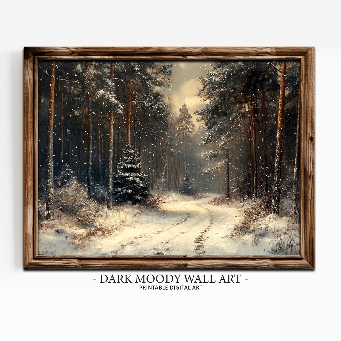 Vintage Moody Snowy Dark Forest Landscape Art Print