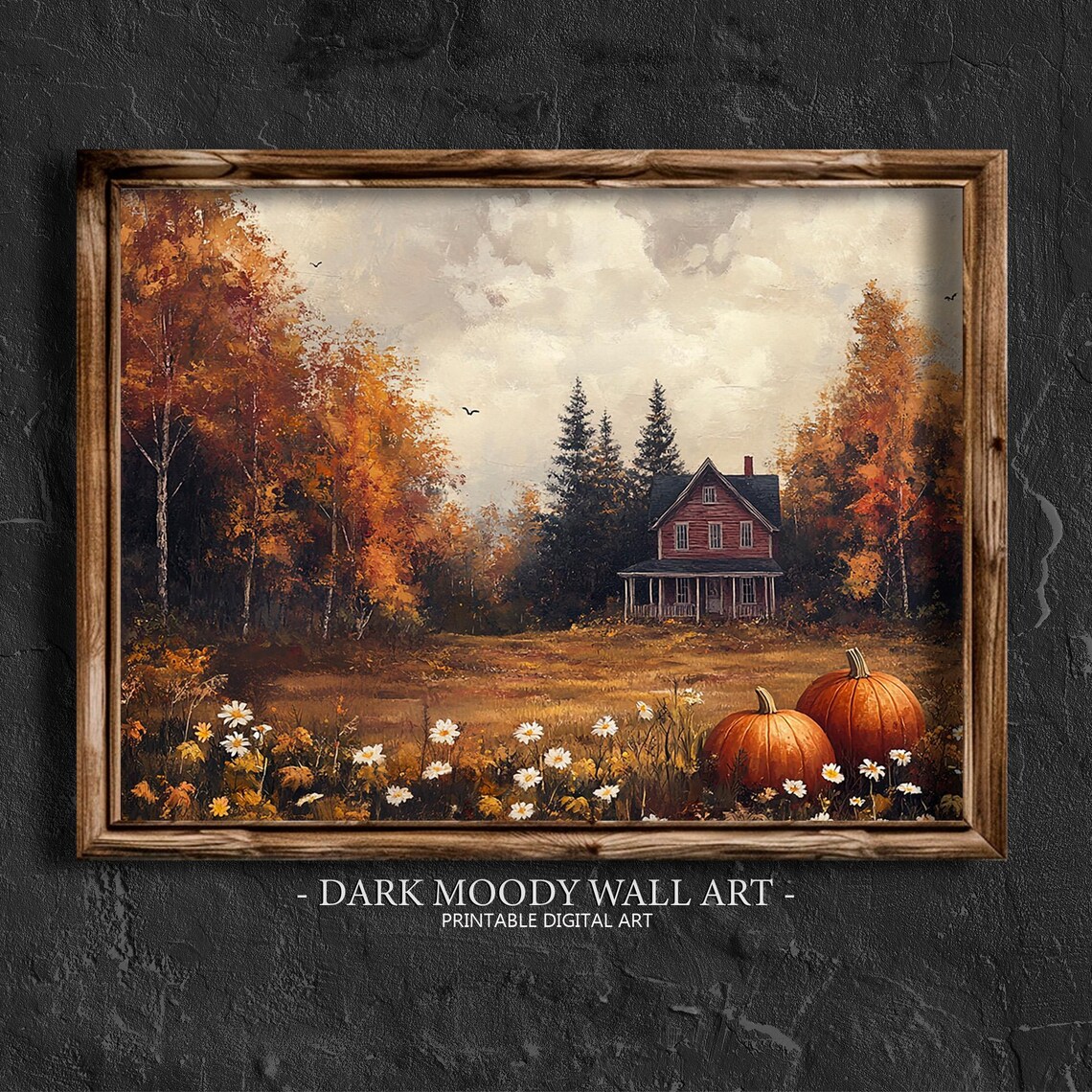 Red Farmhouse in Autumn Landscape With Pumpkins Daisies Country Fall Poster