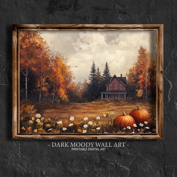 Moody Pumpkin Farm Wall Art Autumn Landscape Painting Cottagecore Print Rustic Farmhouse Wall Decor Country Thanksgiving Decor
