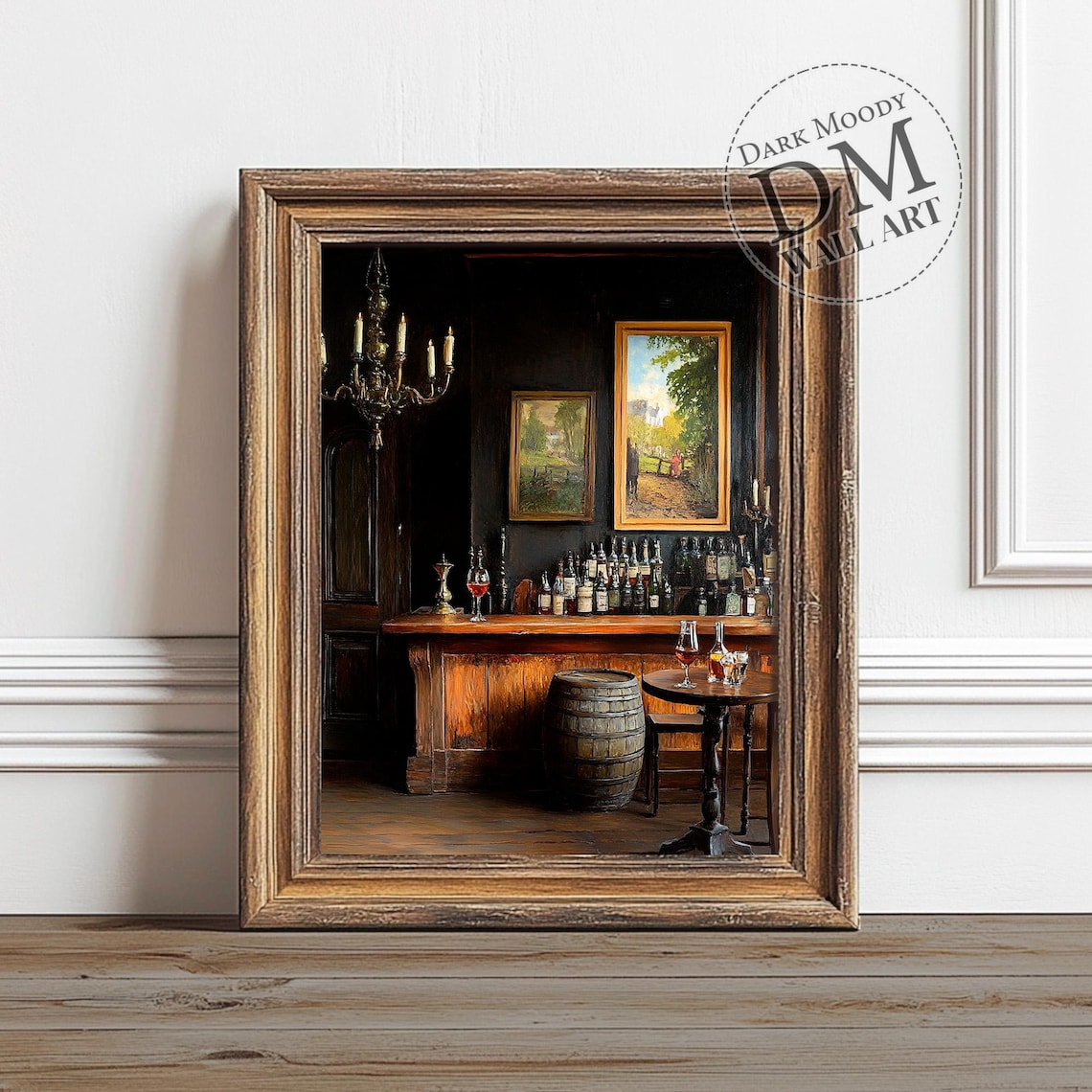Old World Tavern Wooden Bar Bottles Barrel Moody Oil Art Poster