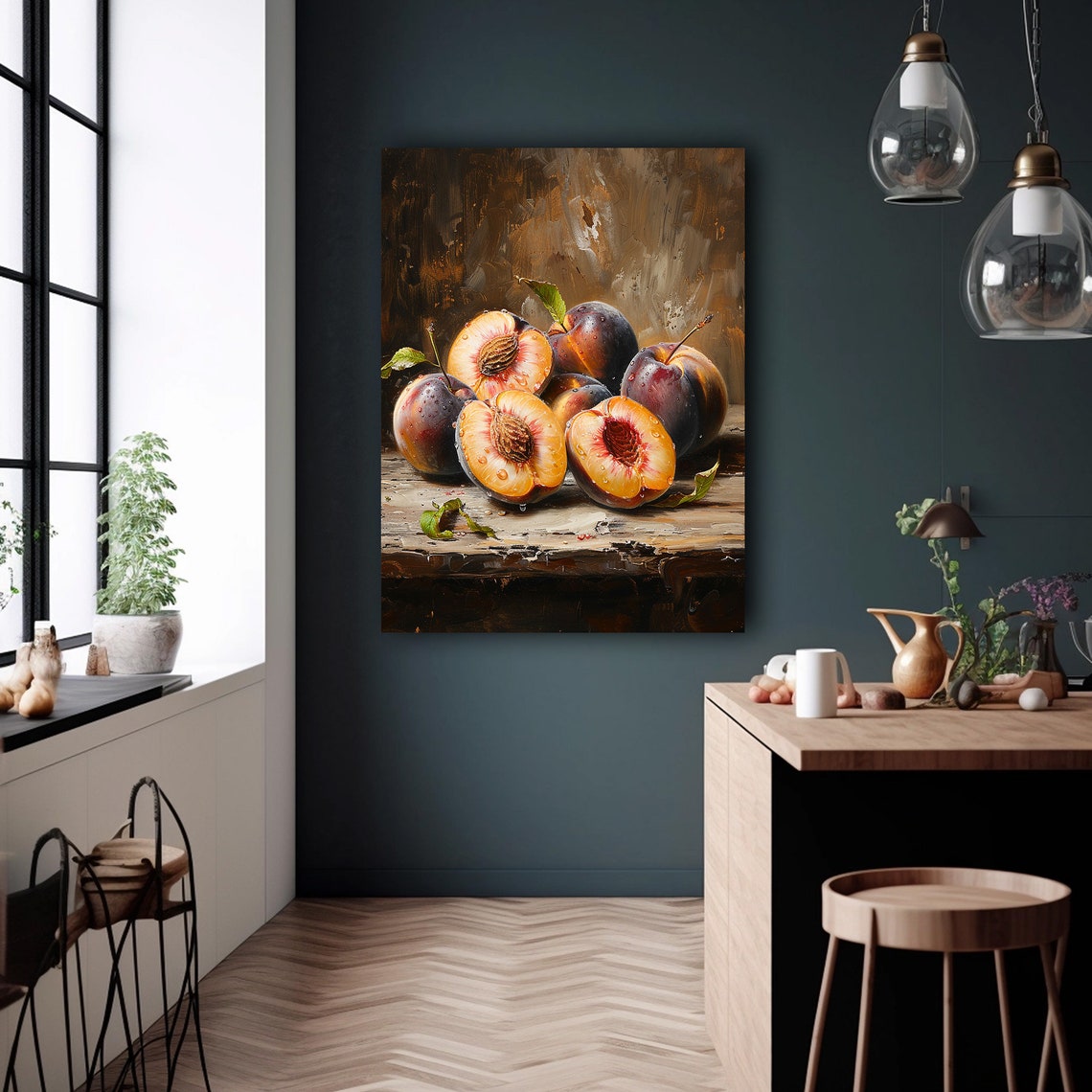 Peach Painting Dark Moody Art Kitchen Fruit Still Life Print Wall Art - Image 5