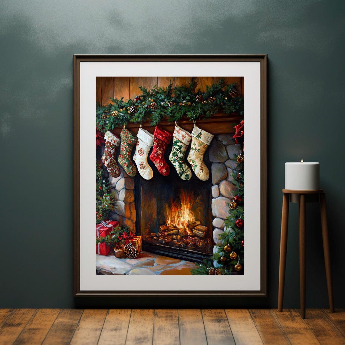 Cozy Fireplace With Hung Stockings and Gifts Christmas Wall Art - Image 4