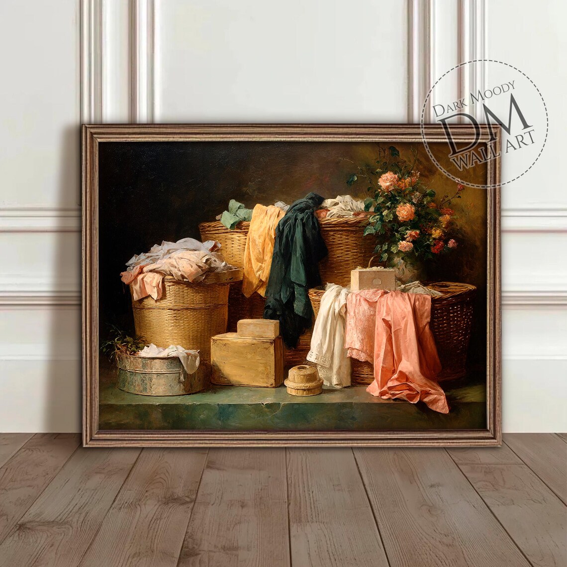 Vintage Laundry Baskets Linens Still Life Oil Painting Style Poster