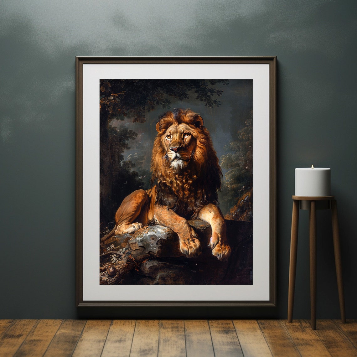 Majestic Lion Resting Rock Classical Wildlife Painting Poster - Image 6