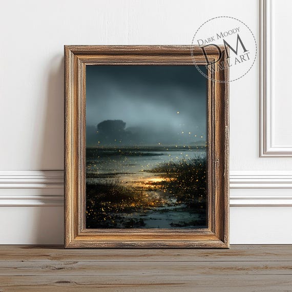 Misty Lake Wall Art Firefly Night Water Landscape Print