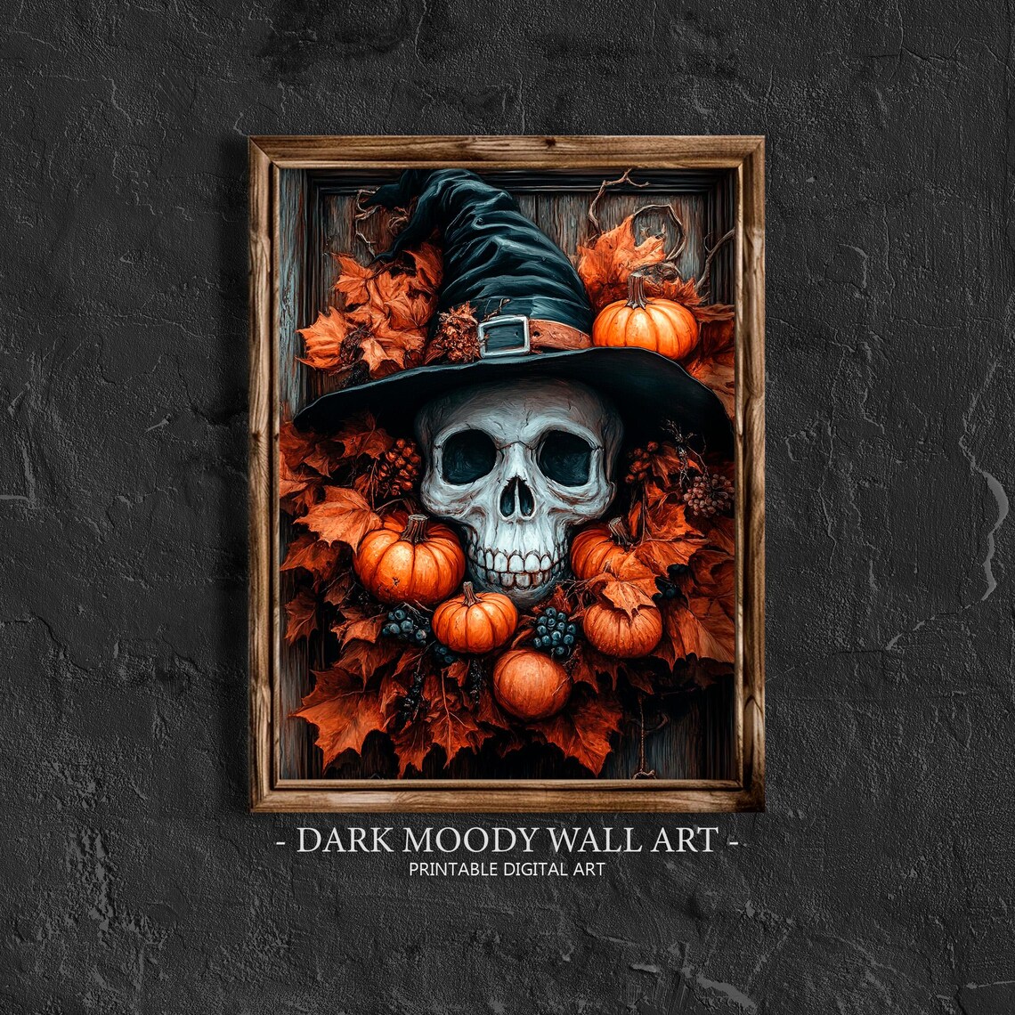 Skull in Witch Hat With Pumpkins and Autumn Leaves Spooky Halloween Poster