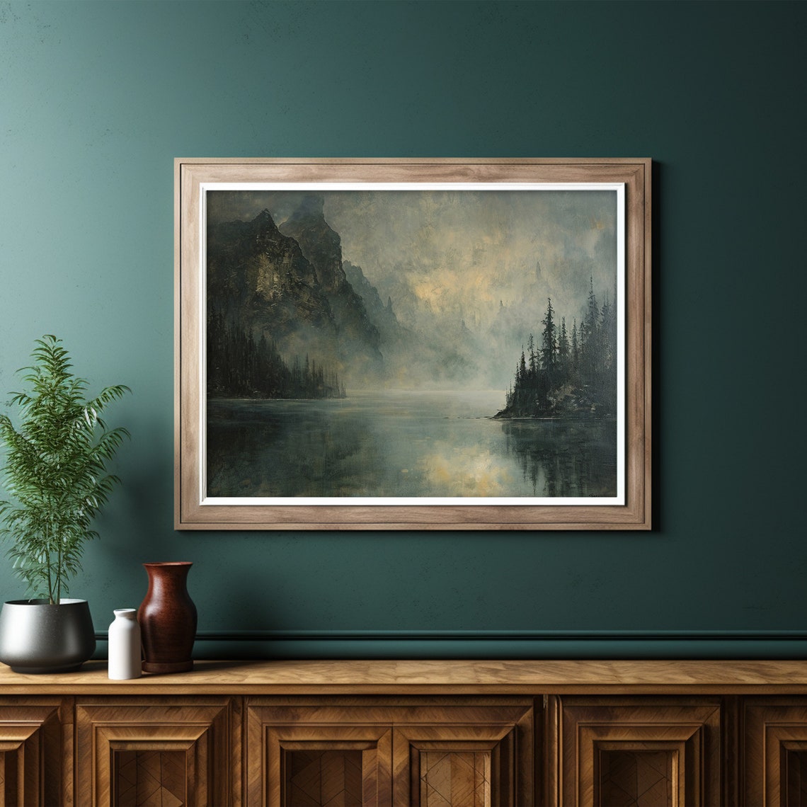 Misty Mountain Lake Pine Forest Dawn Moody Landscape Wall Art - Image 6