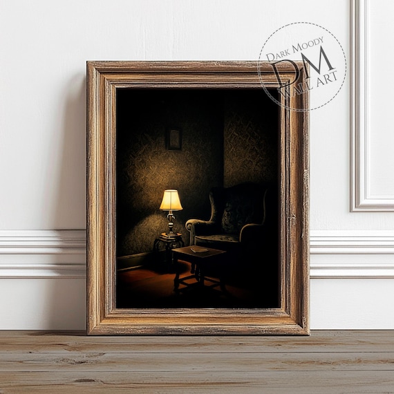 Dark Room Wall Art Gothic Interior Moody Chair Lamp Print