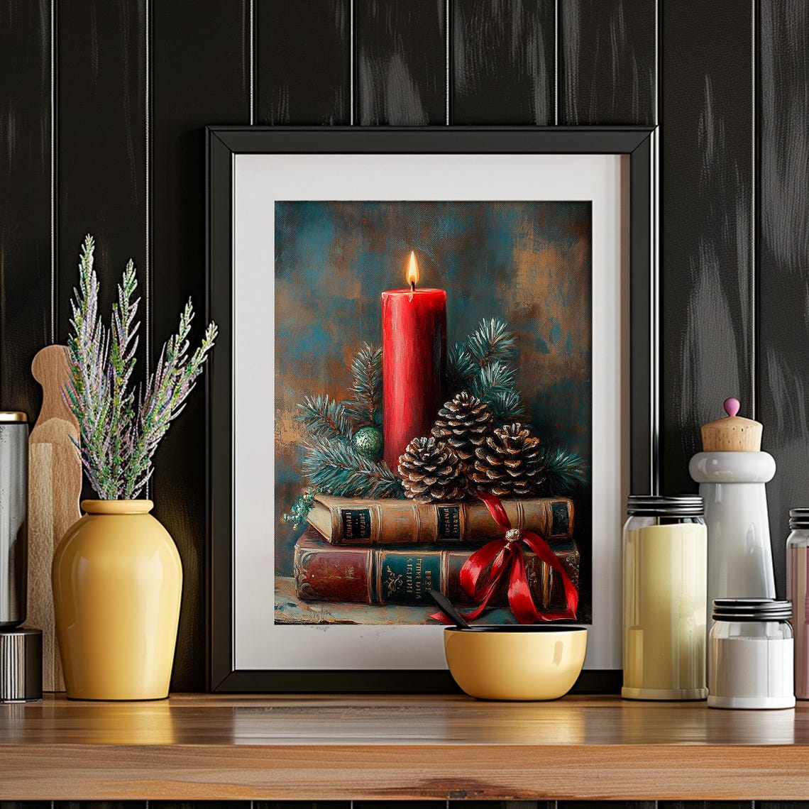 Red Candle With Pine Cones on Vintage Books Christmas Wall Art - Image 6