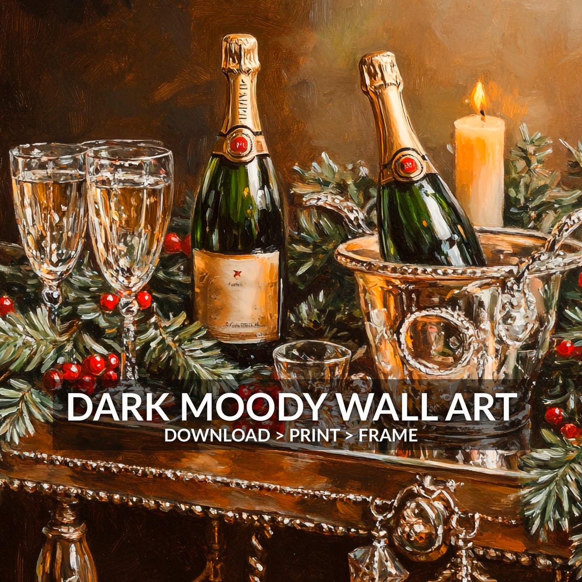 Champagne Bottles in Ice Bucket With Glasses Holiday Wall Art - Image 6