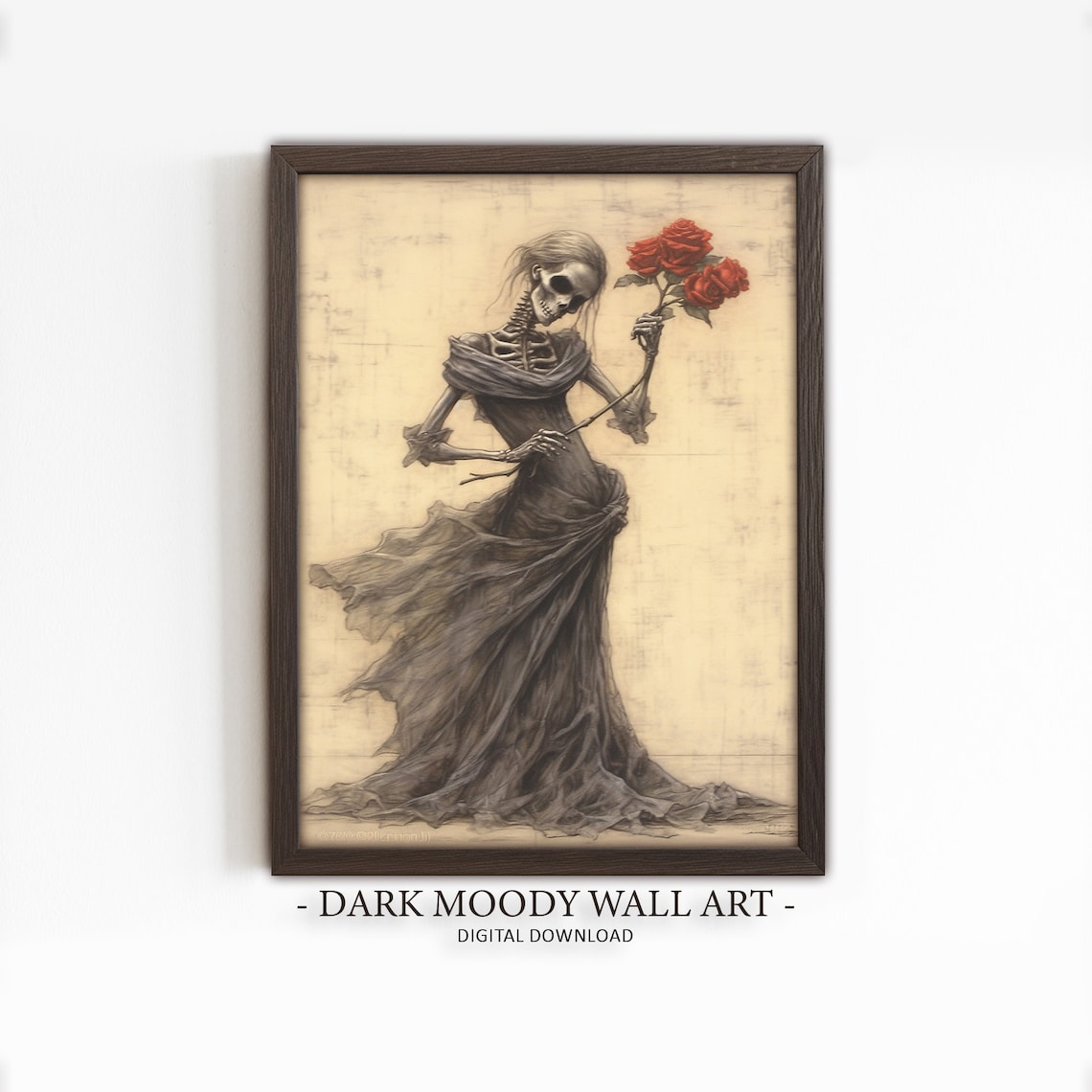 Skeleton Lady in Dark Gown Holding Red Roses Gothic Halloween Painting Poster
