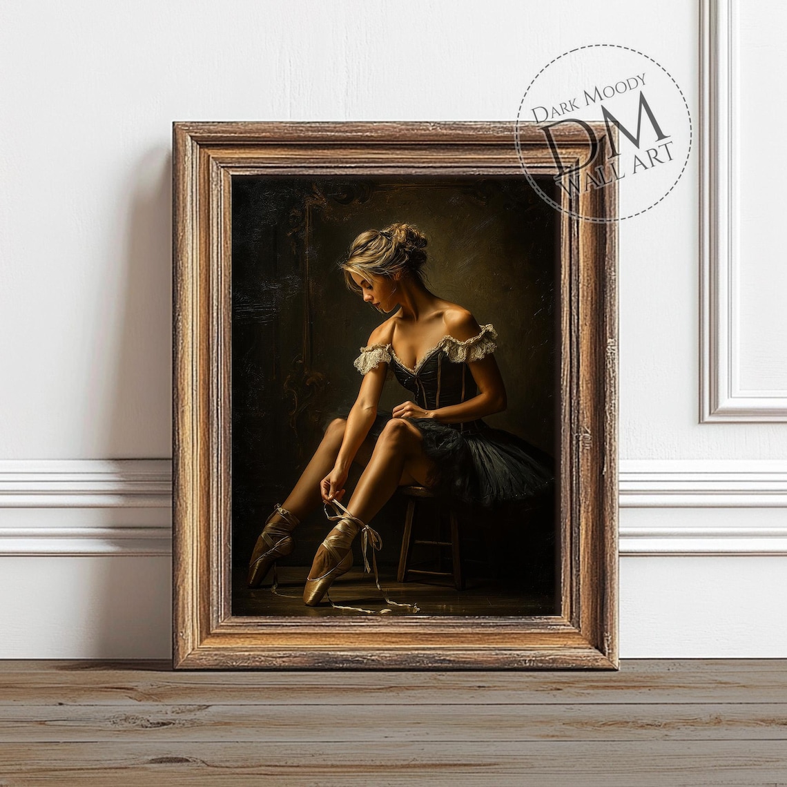 Ballerina Tying Pointe Shoes Moody Dark Romantic Painting Poster
