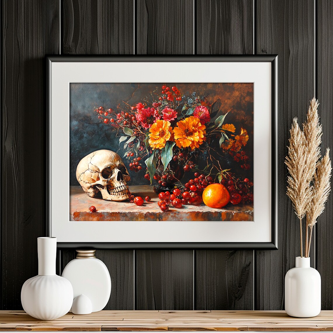 Skull and Autumn Flowers Still Life Moody Floral Botanical Art Poster - Image 2