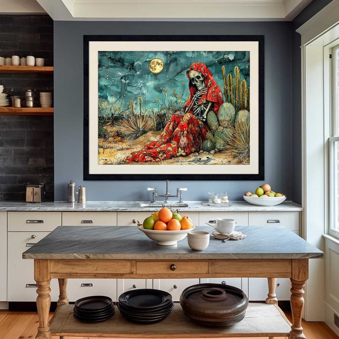 Dia De Los Muertos Skeleton Desert Cacti Moonlight Painting Poster - Image 2