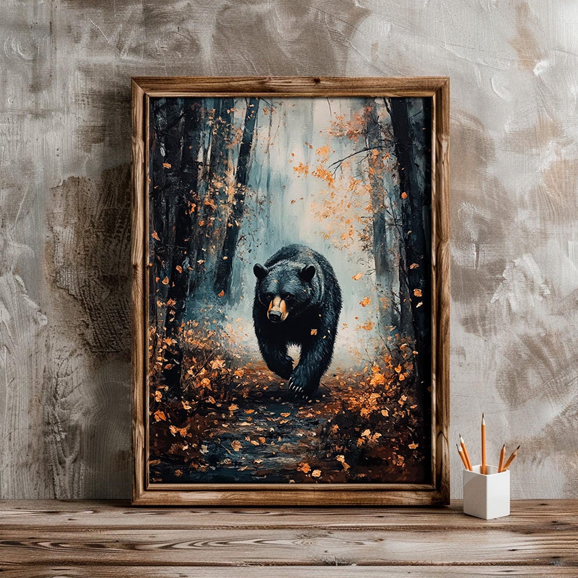 Black Bear Misty Autumn Forest Path Wildlife Painting Wall Art - Image 2