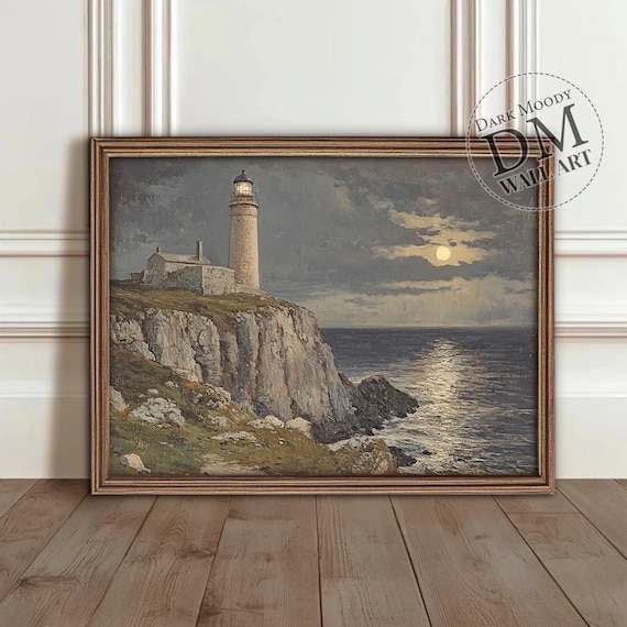 Moonlit Lighthouse Wall Art Coastal Gothic Seascape Print