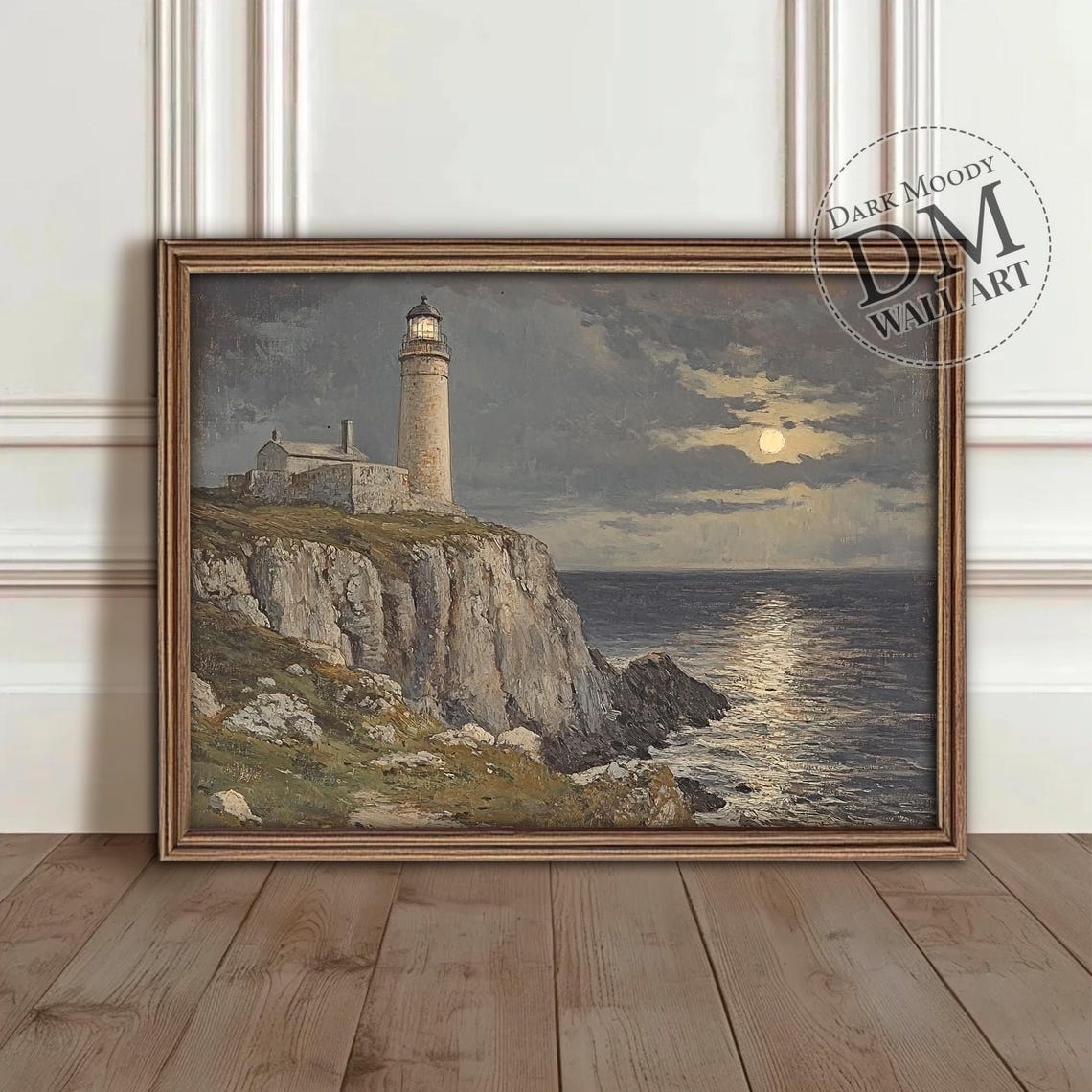 Moonlit Lighthouse Rocky Cliff Night Seascape Dramatic Scene Print