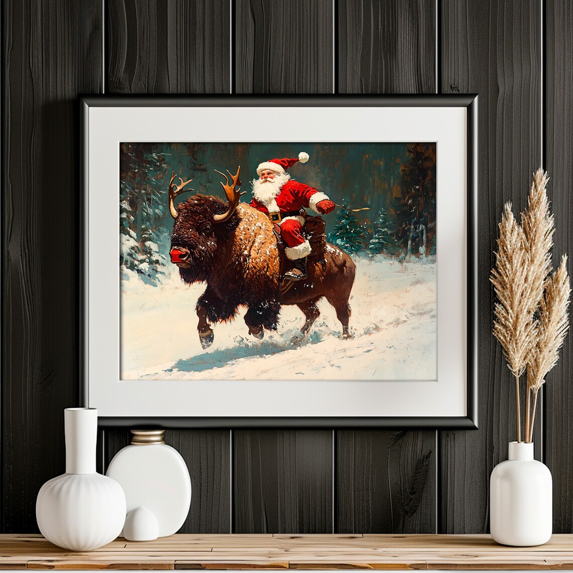 Santa Claus Riding a Buffalo Snowy Western Christmas Cowboy Poster - Image 2