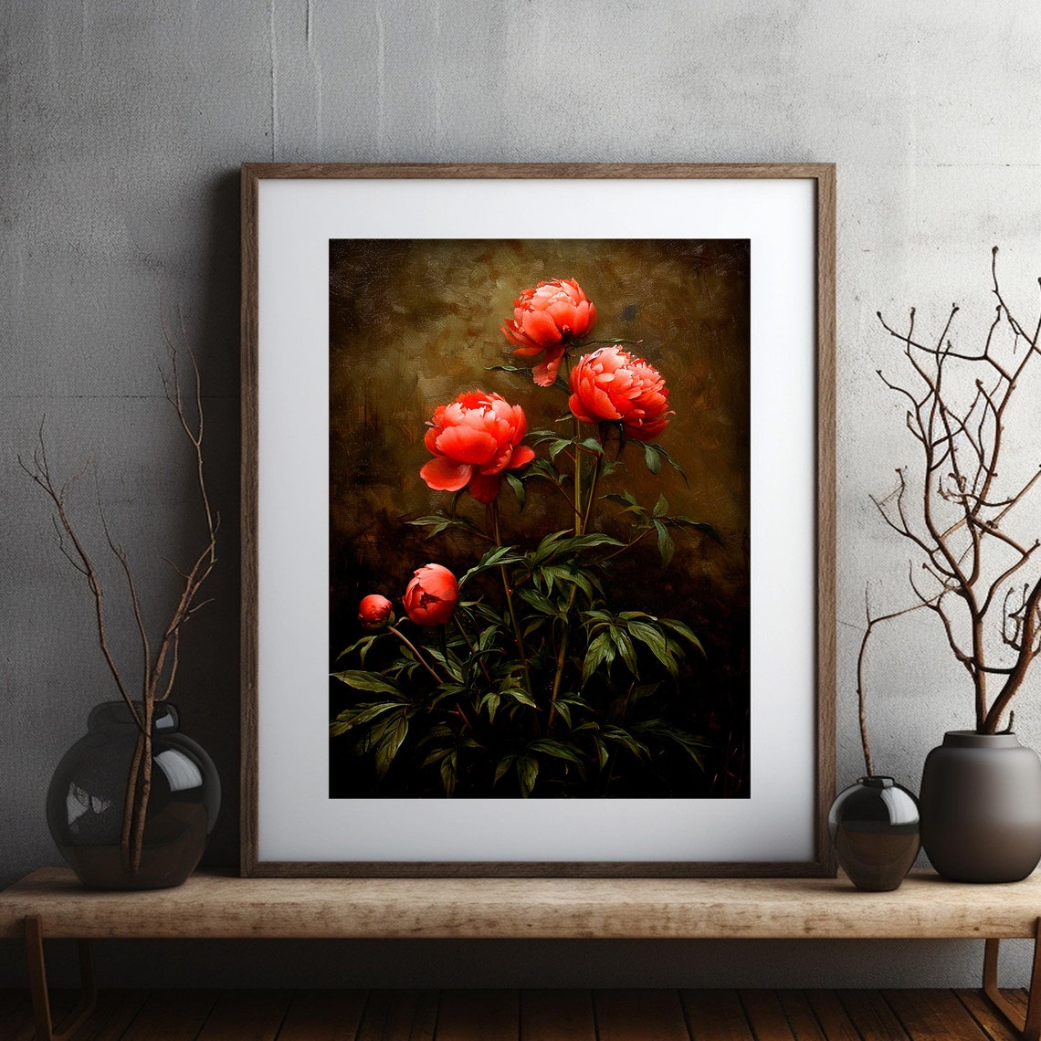 Red Peony Blossoms Dark Moody Vintage Botanical Artwork Poster - Image 2